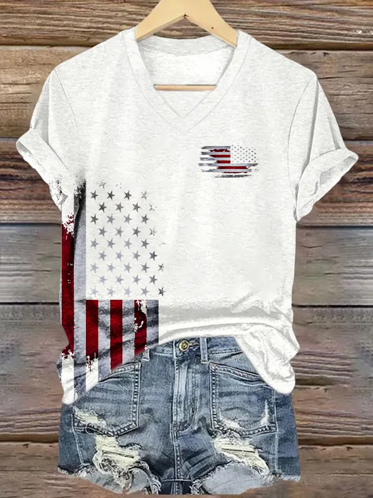 Women's Independence Day Flag Short Sleeves V-Neck Pure Cotton T-Shirt