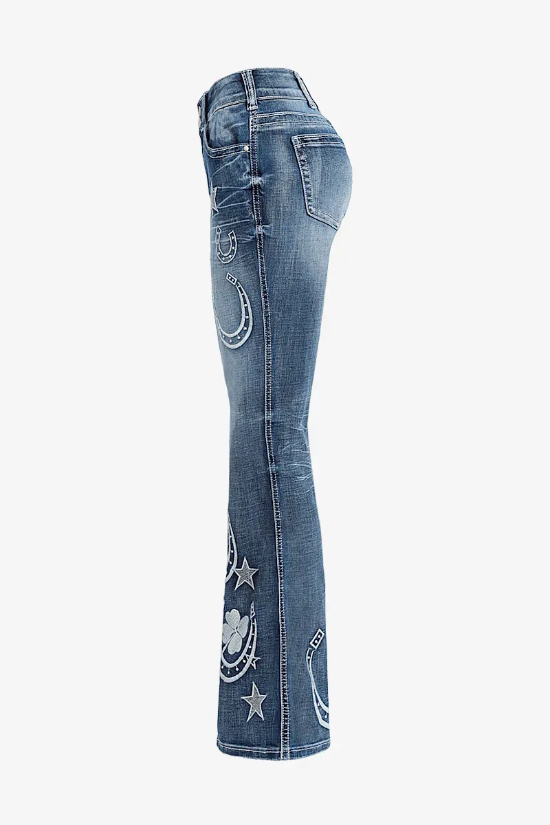 Star & Moon Pattern Button Front Mid Rise Bootcut Jeans