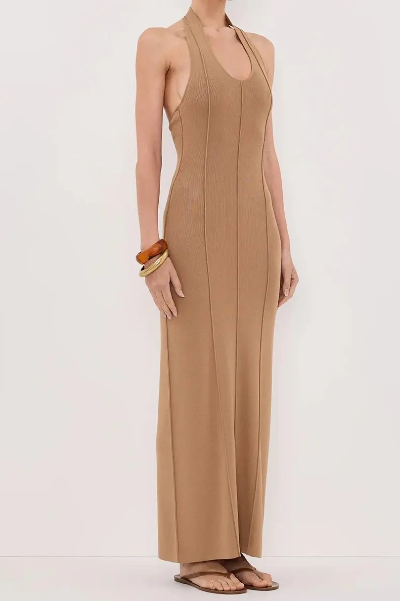 TAN HALTER KNIT MAXI DRESS