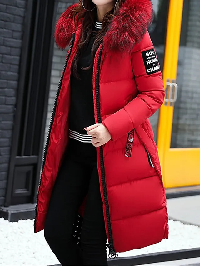 Women's Parka Long Puffer Jacket Winter Coat with Fur Collar Hood Thicken Windproof Warm Jacket Zip up Coat with Pockets Comtemporary Stylish Casual Jacket Long Sleeve Black Pink Army Green