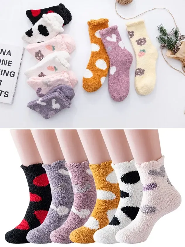 Polka-dot Bear Heart-shaped Graphics Warm Plus Velvet Coral Fleece Floor Socks
