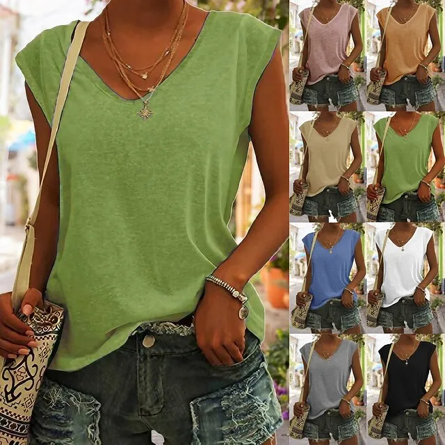 Women‘s Blouse T shirt Tee Basic Plain Daily V Neck Sleeveless Regular Summer Green White Black Blue Pink