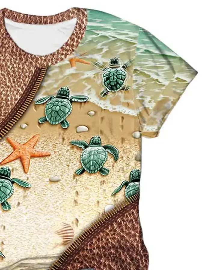Vintage Sea Turtle Zipper Print T-Shirt