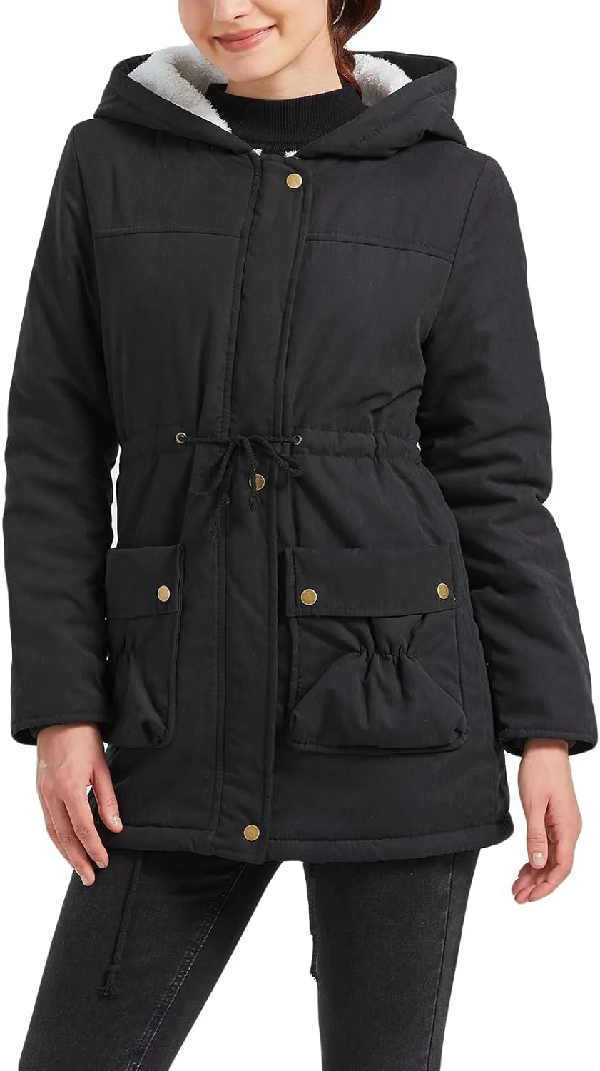 Women's Winter Mid Length Thick Warm Faux Lamb Wool Lined Jacket Coat