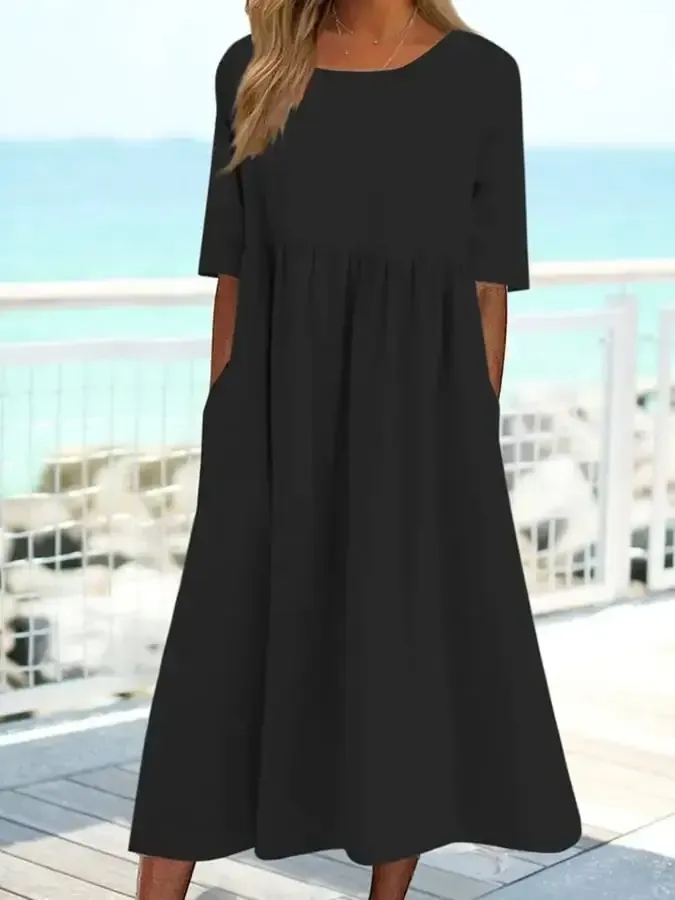 Loose Pocket Long Sleeves Midi Dress