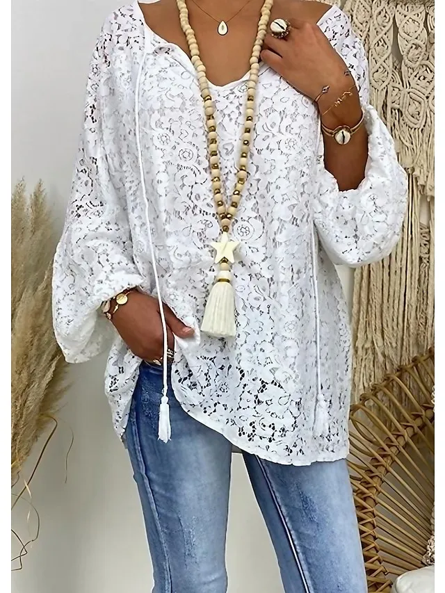 Women's Plus Size Lace Shirt Blouse Floral Daily Vacation Going out White Lace Long Sleeve Elegant Streetwear Casual V Neck Regular Fit Spring Fall Winter