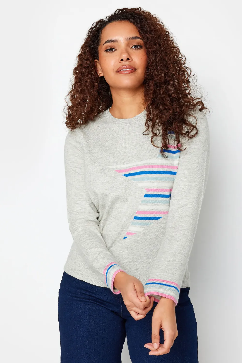 M&Co Grey Stripe Cuff Star Print Jumper