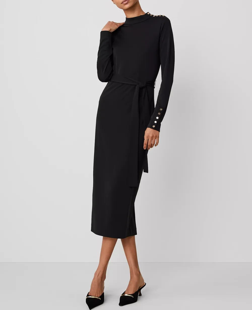 Mock Neck Belted Column Knit Midi Dress