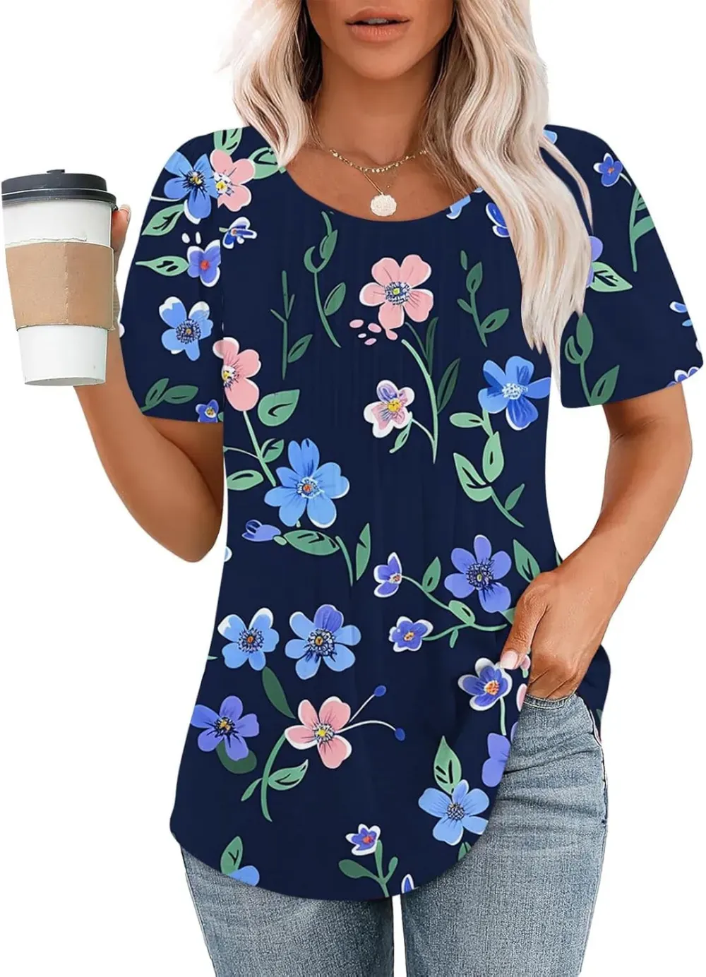 Womens Summer Pleated Front Shirts Tunics Casual Short Sleeved Loose Round Neck Boho Printed Tops Vacation Blouse