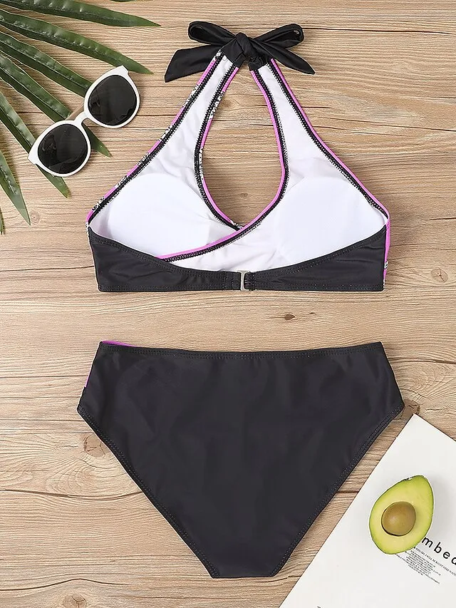 Women's Swimwear Bikini Plus Size Swimsuit 2 Piece Stripe Striped Black Burgundy Blue Lavender Purple Bandeau Bathing Suits Sports Push Up Summer