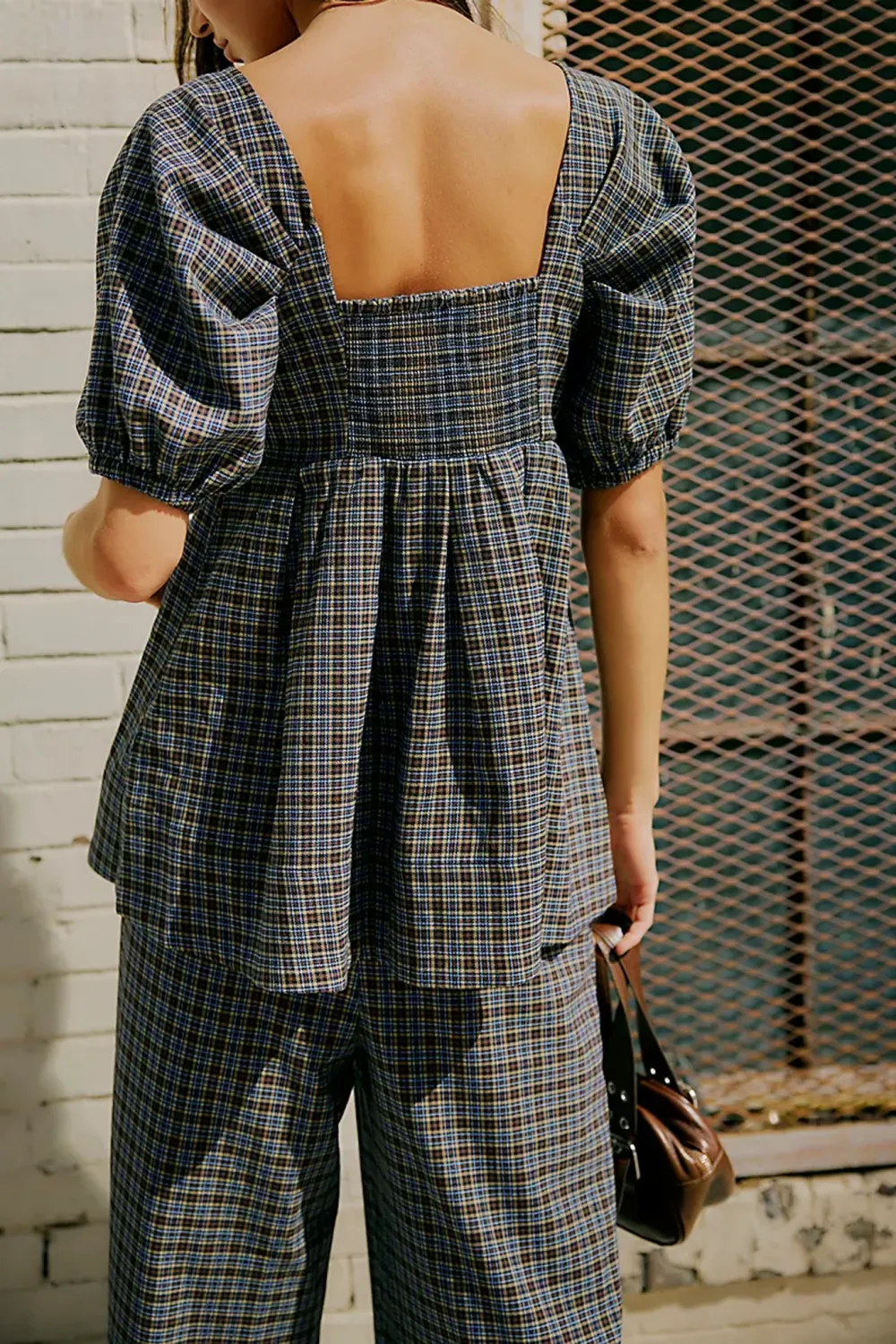 Checkered Crop Top And Wide Leg Pants Set