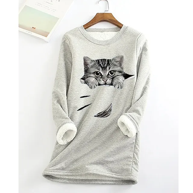 Women's Plus Size Sweatshirt Pullover Cat Teddy Sherpa Fleece Denim Blue Black White Street Casual Round Neck Long Sleeve Top Micro-elastic Fall & Winter