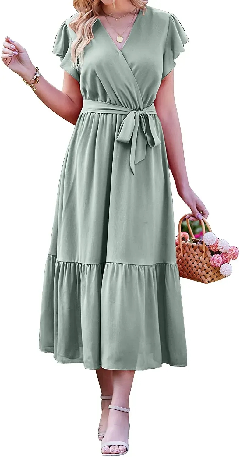 Women Summer Bohemian Floral Casual Wrap V Neck Ruffle Cap Sleeveless Belt A-Line Pleated Hem Swing Midi Sun Dress