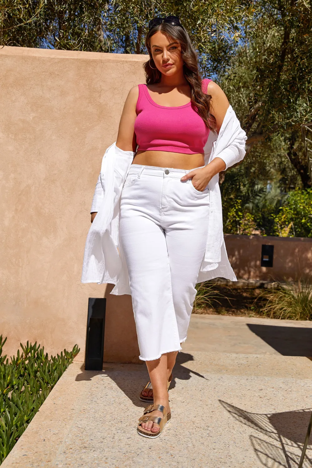 YOURS Curve Pink Stretch Wide Leg Cropped Jeans