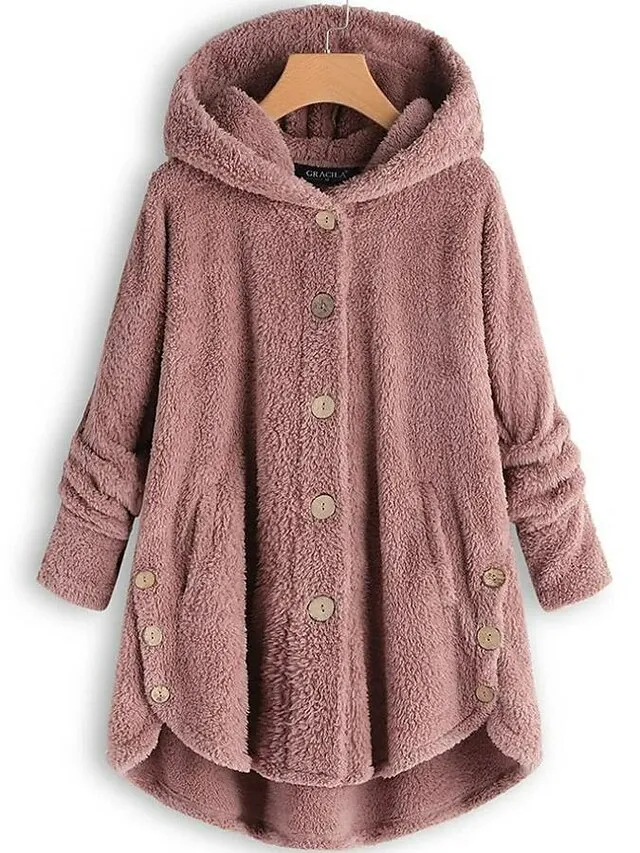 Women's Sherpa Jacket Fleece Teddy Coat Warm Heated Jacket Windproof Hooded Coat with Pocket Pink Minimalism Sweet Loose Fit Outerwear Long Winter Coat