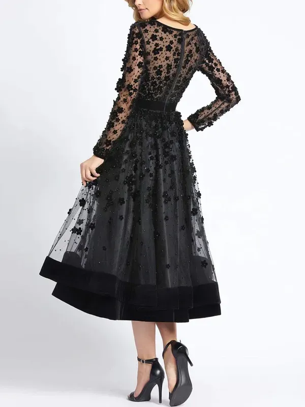 Embellished Sheer Long Sleeve A-Line Midi Dress