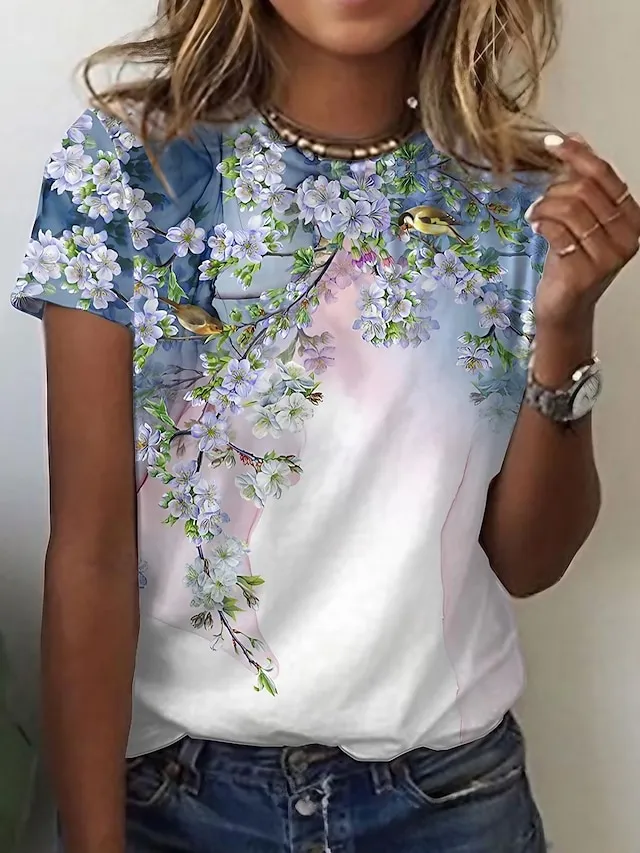 Women's T shirt Tee Floral Bird White Pink Green Print Short Sleeve Casual Daily Vacation Vacation Daily Basic Round Neck Regular Fit