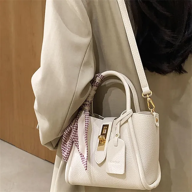 Women's Handbag PU Leather Party Daily Zipper Large Capacity Waterproof Breathable Solid Color Cream white Beige + silk scarf
