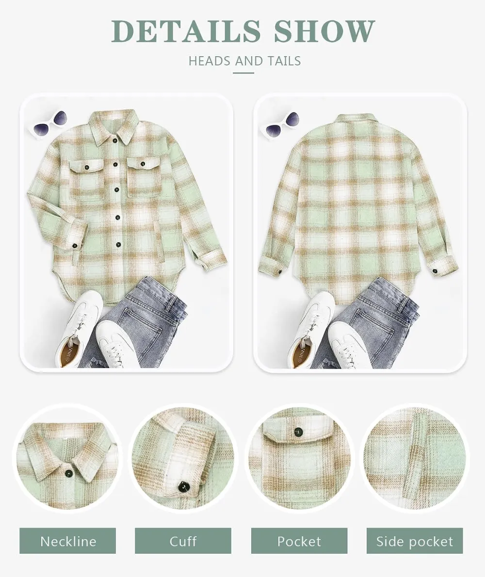 Women's Flannel Plaid Shacket Long Sleeve Button Down Chest Pocketed Shirts Jacket Coats