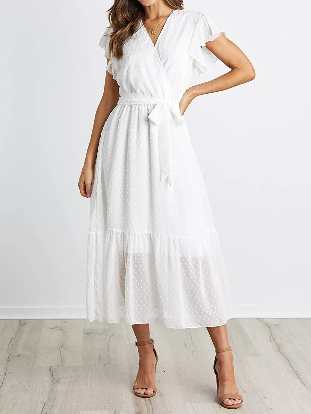 Women Summer Bohemian Floral Casual Wrap V Neck Ruffle Cap Sleeveless Belt A-Line Pleated Hem Swing Midi Sun Dress