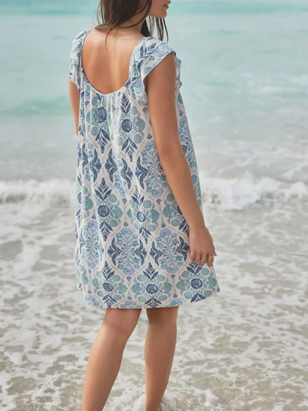Summer Leisure Loose Blue Floral Print V-Neck Dress