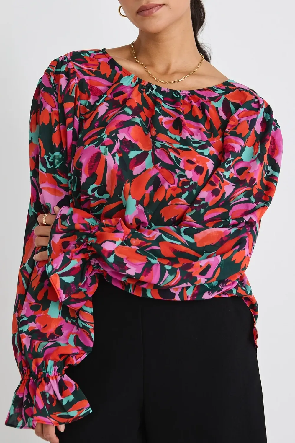 Floral Print Ruched Long - Sleeve Blouse