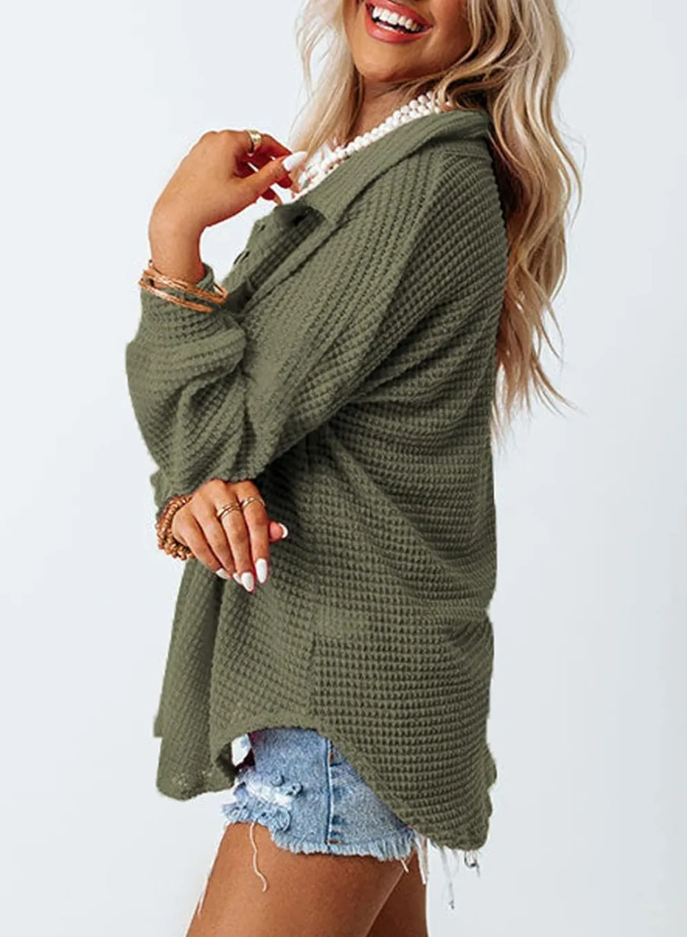 Womens Waffle Knit Button Down Shirts Casual Long Sleeve Shacket Jacket Boyfriend Tops Blouses Loose Fit