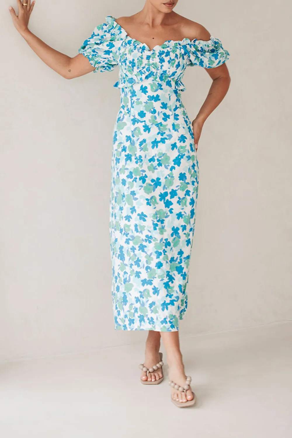 Off Shoulder Floral Print Midi Dress