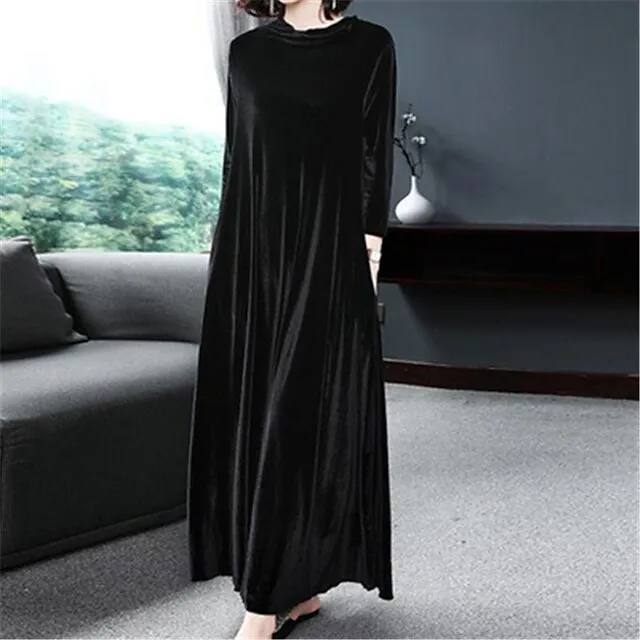 Women‘s Velvet Dress Shift Dress Caftan Dress Long Dress Maxi Dress Green Black Purple Long Sleeve Pure Color Pocket Winter Fall Spring Crew Neck Mature Winter Dress Daily Vacation 2023