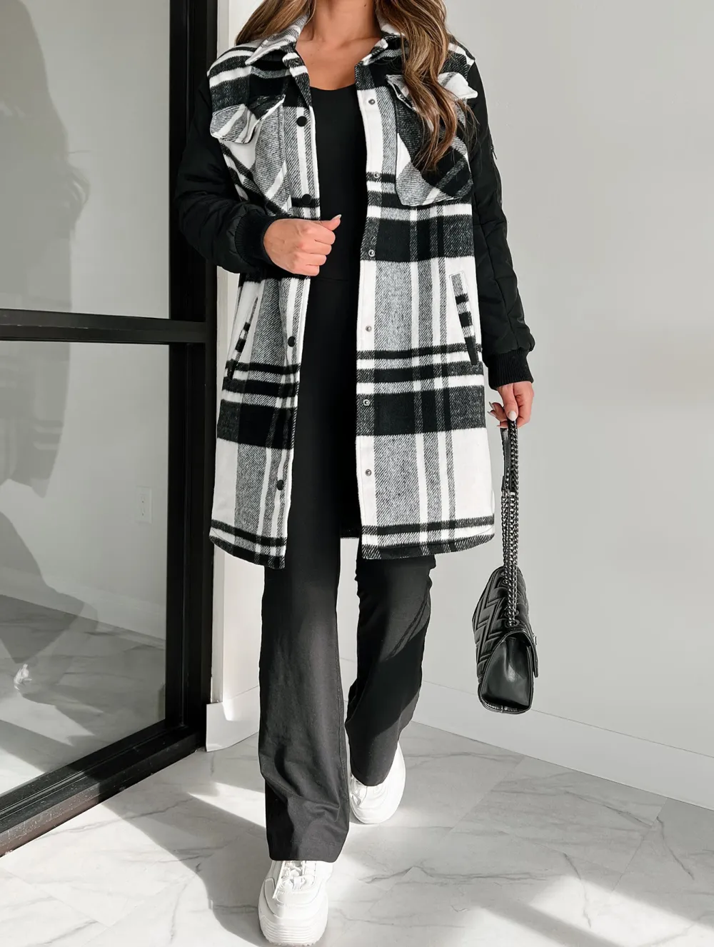 Black And White Checkered Mid-Length Coat