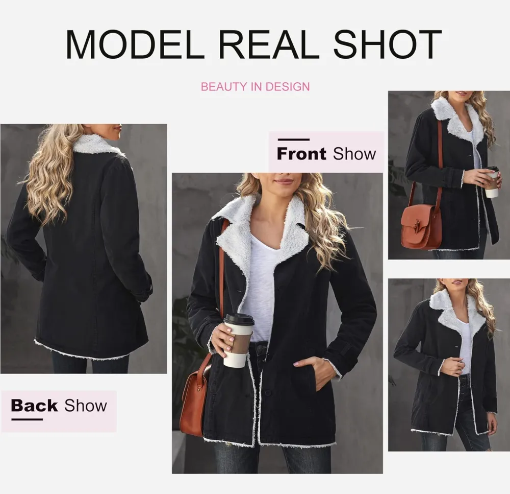 Womens Winter Warm Jean Jacket Stand Collar Wool Liner Sherpa Denim Coats Thicker Outerwear with Pockets