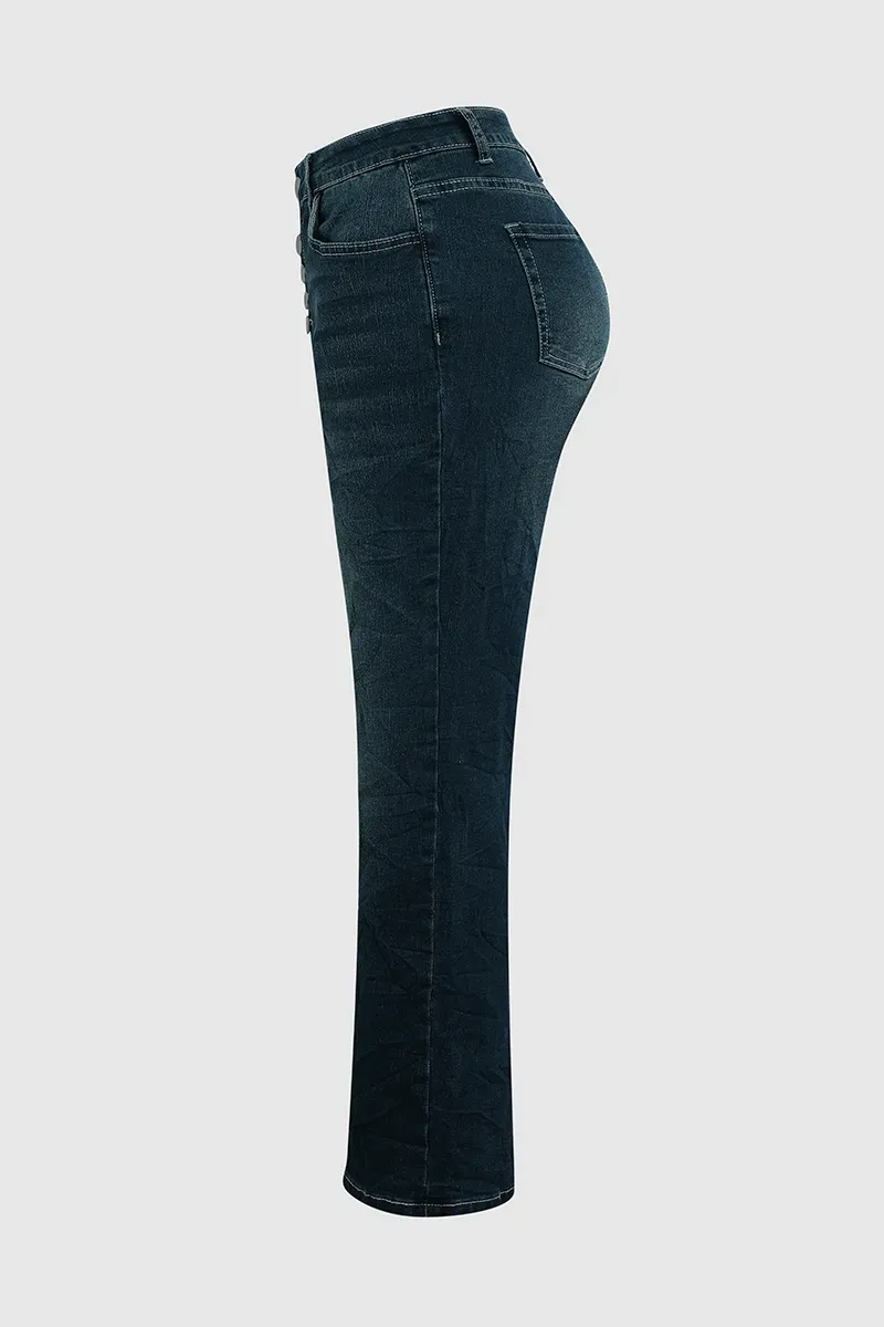 Button Up Roll Hem Low Waist Straight Leg Jeans