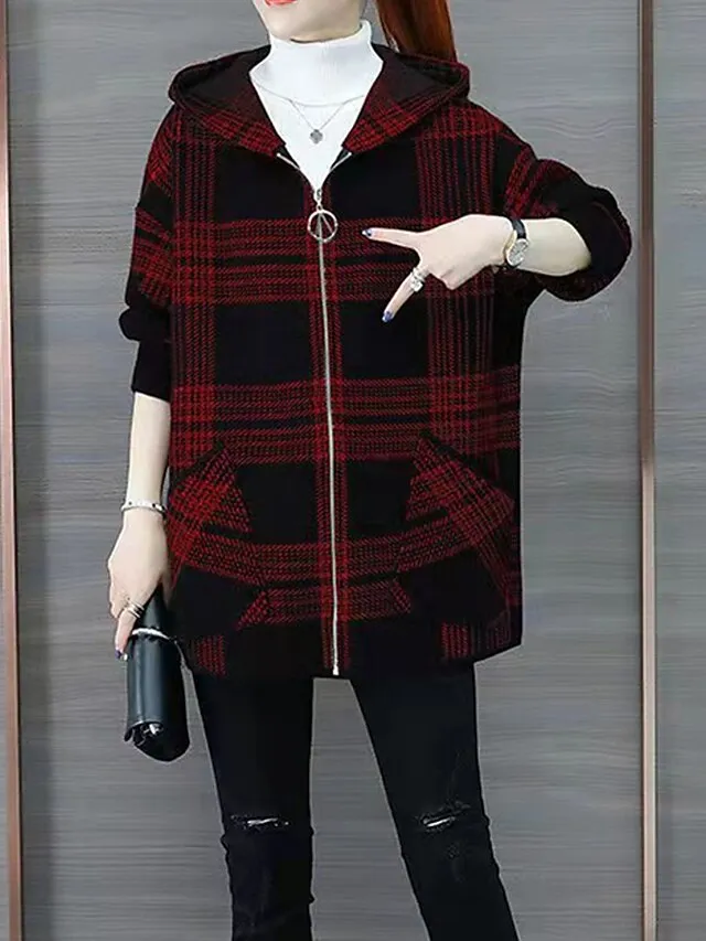Women's Hoodie Jacket Fall Zip up Sweatshirt Plaid Print Winter Cropped Coat Windproof Warm Casual Jacket Long Sleeve Plaid with Pockets Black
