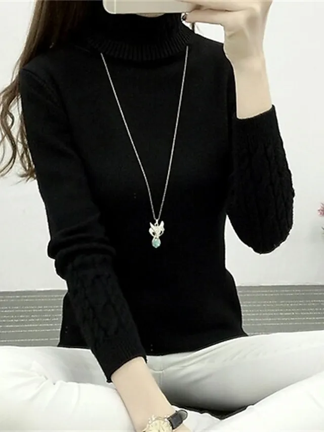 Women's Pullover Sweater Jumper Pullover Jumper Turtleneck Knit Polyester Knitted Thin Fall Winter Home Daily Going out Stylish Basic Sexy Long Sleeve Solid Color Black White Pink S M L