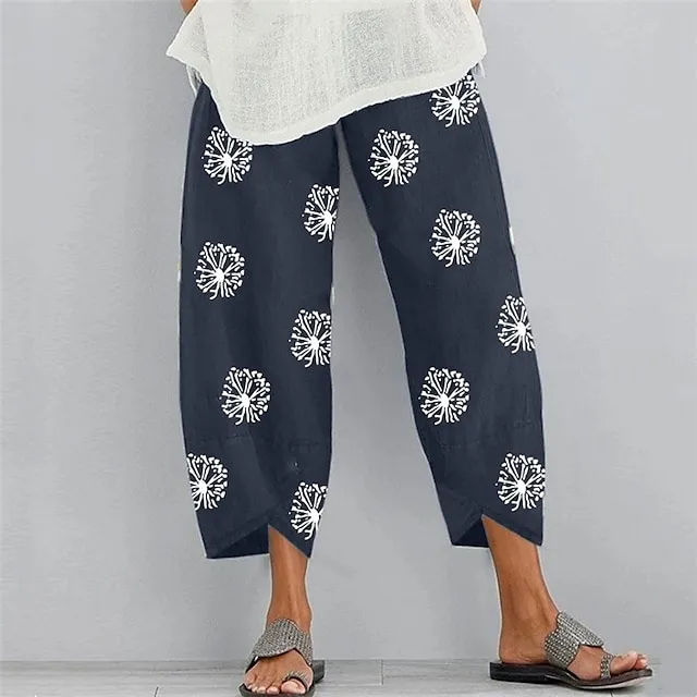 Women's Basic Essential Casual Chinos Slacks Pocket Print Ankle-Length Pants Cotton Linen Pants Daily Weekend Inelastic Graphic Prints Dandelion Mid Waist Loose Gray Green Green Black Blue Gray S M L