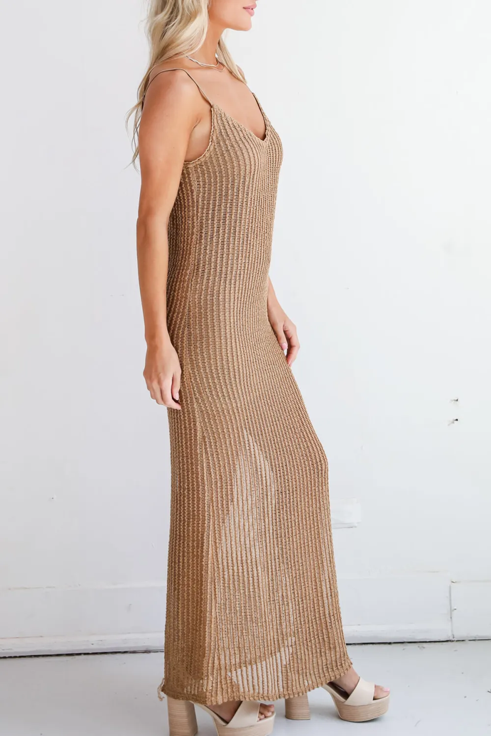 Compelling Style Taupe Crochet Knit Maxi Dress