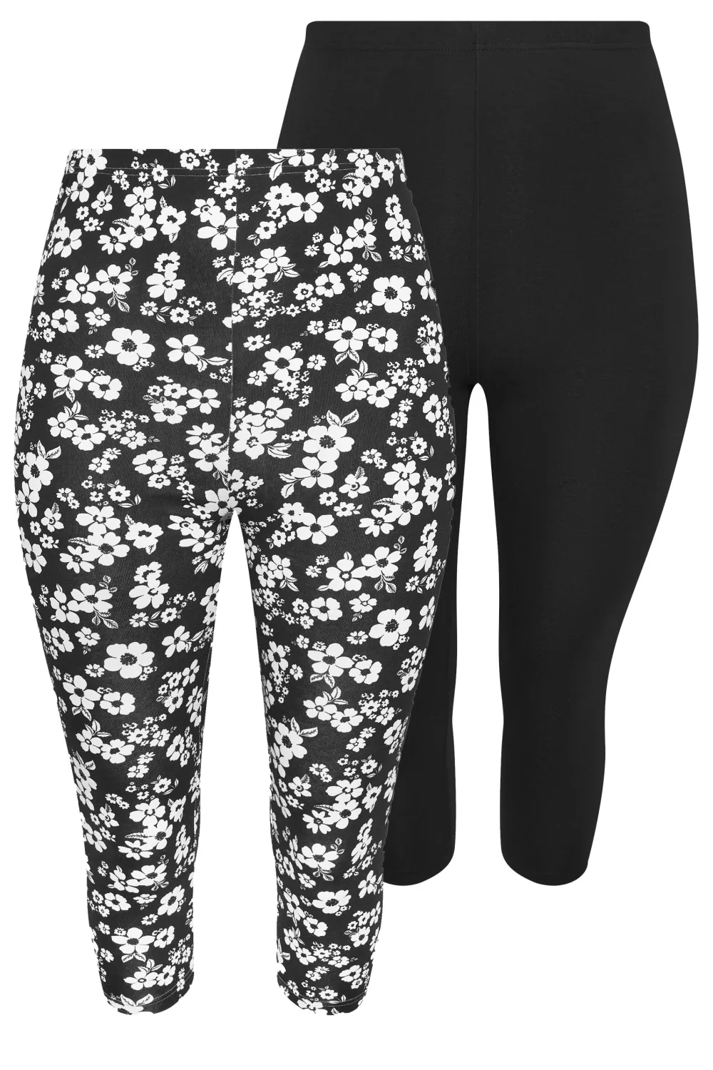 YOURS Curve 2 PACK Black & White Ditsy Floral Print Cropped Leggings