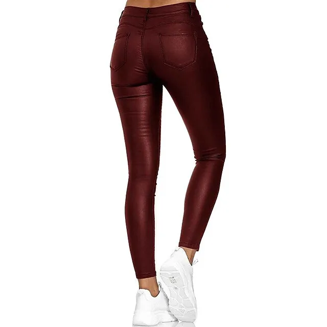Women's Skinny Pants Trousers PU Artificial Leather Black Wine Blue Mid Waist Streetwear Stylish Party Casual Going out Micro-elastic Full Length Comfort Plain S M L XL XXL