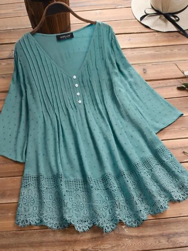 Women's Shirt Blouse White Eyelet Tops Cotton Pure Color White Pink Green Lace Button 3/4 Length Sleeve Daily Basic Casual V Neck Regular Fit Summer Spring Fall