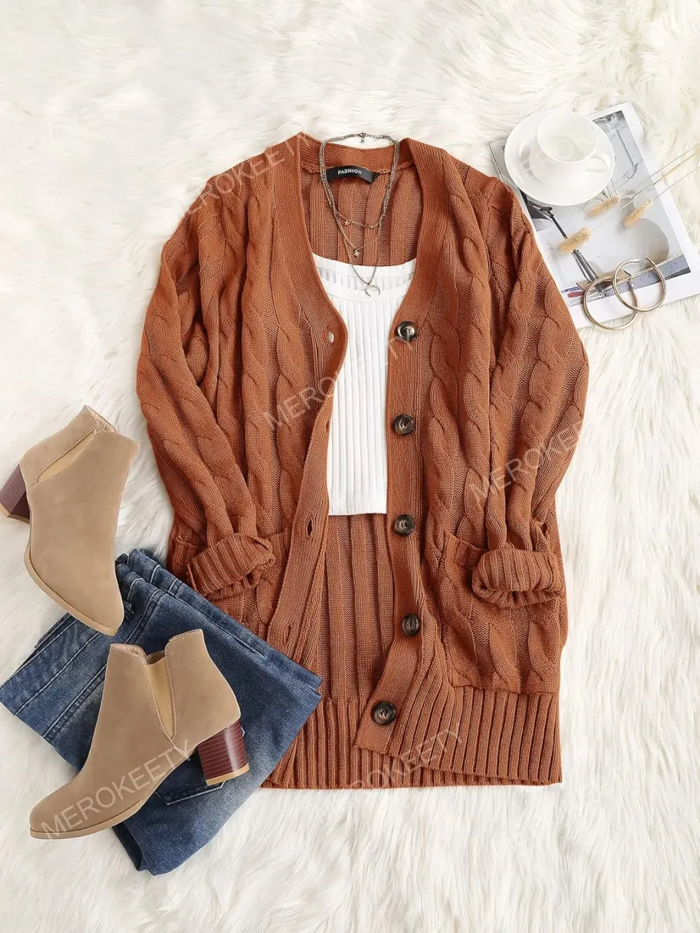 MEROKEETY Women's 2024 Fall Long Sleeve Cable Knit Sweater Open Front Cardigan Button Loose Outerwear