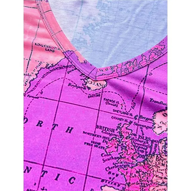 Women's T shirt Tee Blouse Graphic World Map Multi Color pea green Blue Purple Print Short Sleeve Street Daily Basic Modern V Neck Regular Fit T-shirt Sleeve Summer