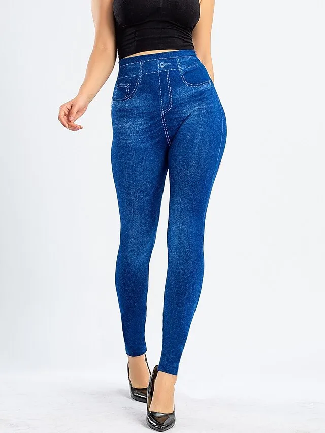 Women's Leggings Faux Denim Ankle-Length Stretchy High Waist Fashion Casual Weekend Black Blue S M
