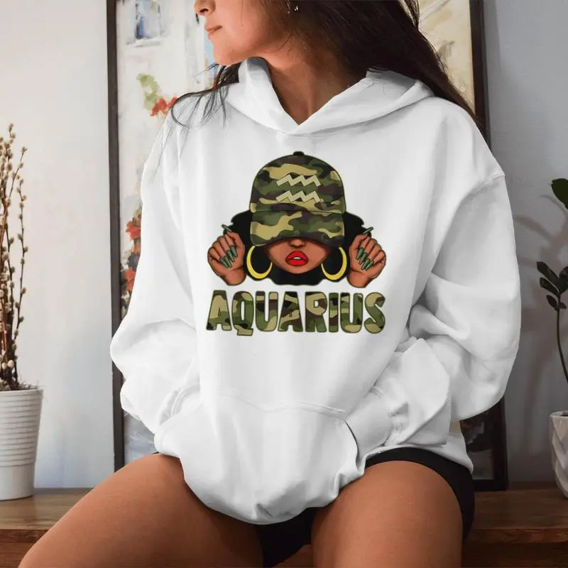 Aquarius Queen Black Woman With Cap Camo Afro Girl Zodiac Women Hoodie