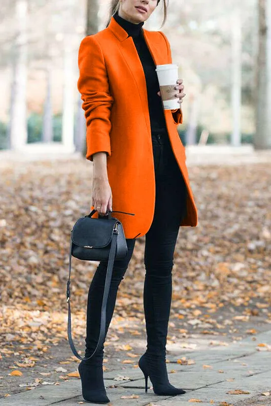 Solid standing collar slim long faux woolen coat