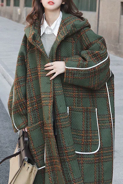 Vintange Plaid Front Pockets Long Hooded Coat