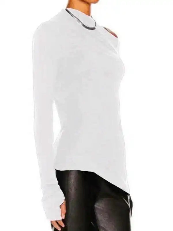 Stylish Solid Color One-Shoulder Long Sleeves T-Shirt Top