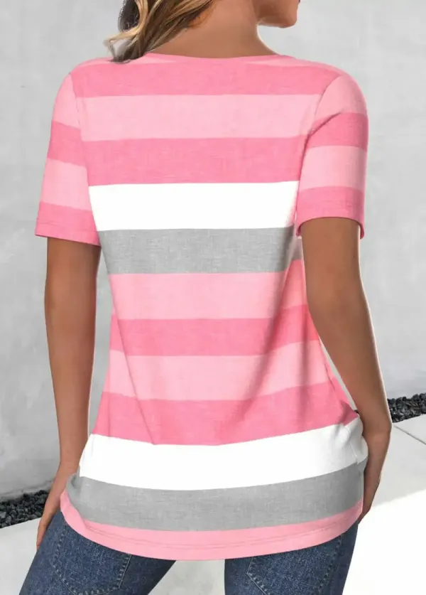 Light Pink Button Striped Short Sleeve T Shirt