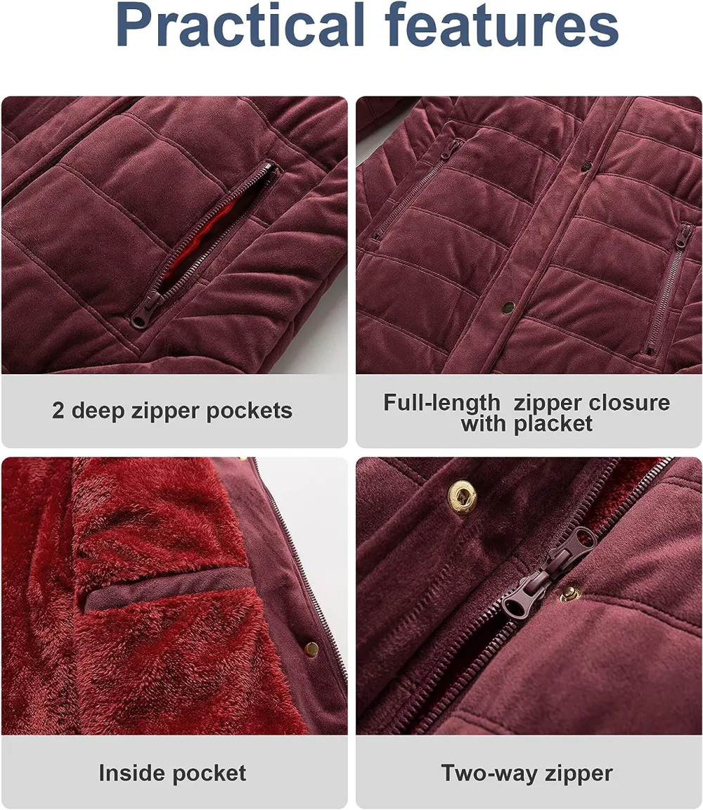 Women's Warm Winter Coat Velvet Puffer Jacket Quilted Faux Fur Hood