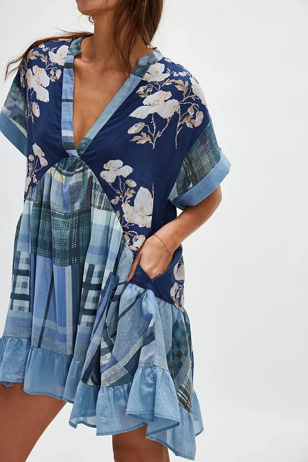 Patchwork Print Wrap Mini Dress