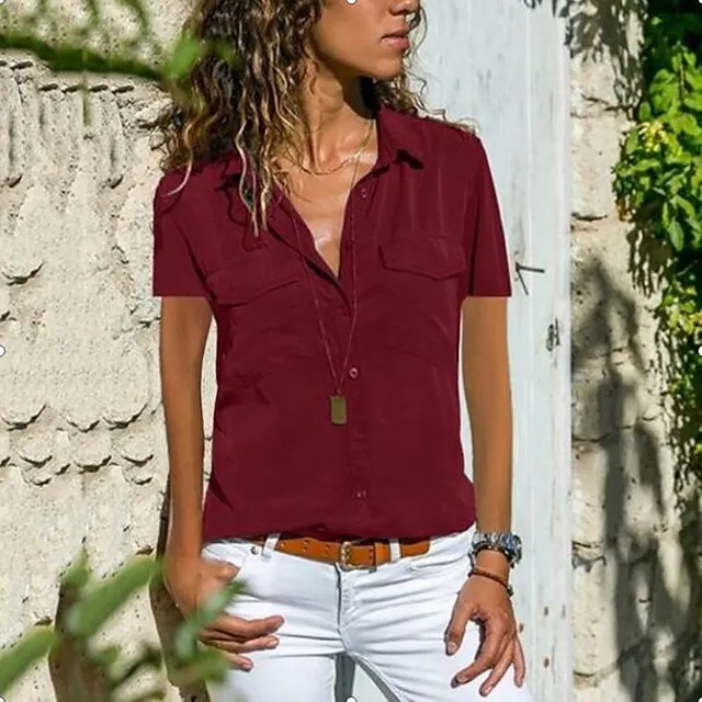 Women's Blouse Pocket Solid Colored Daily Shirt Collar T-shirt Sleeve Light Summer Blue Black Purple Dark Red Pink